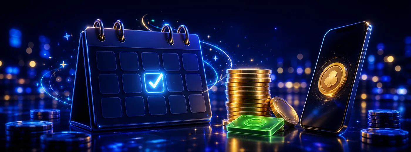 Calendar with daily reward coins stacked beside a phone